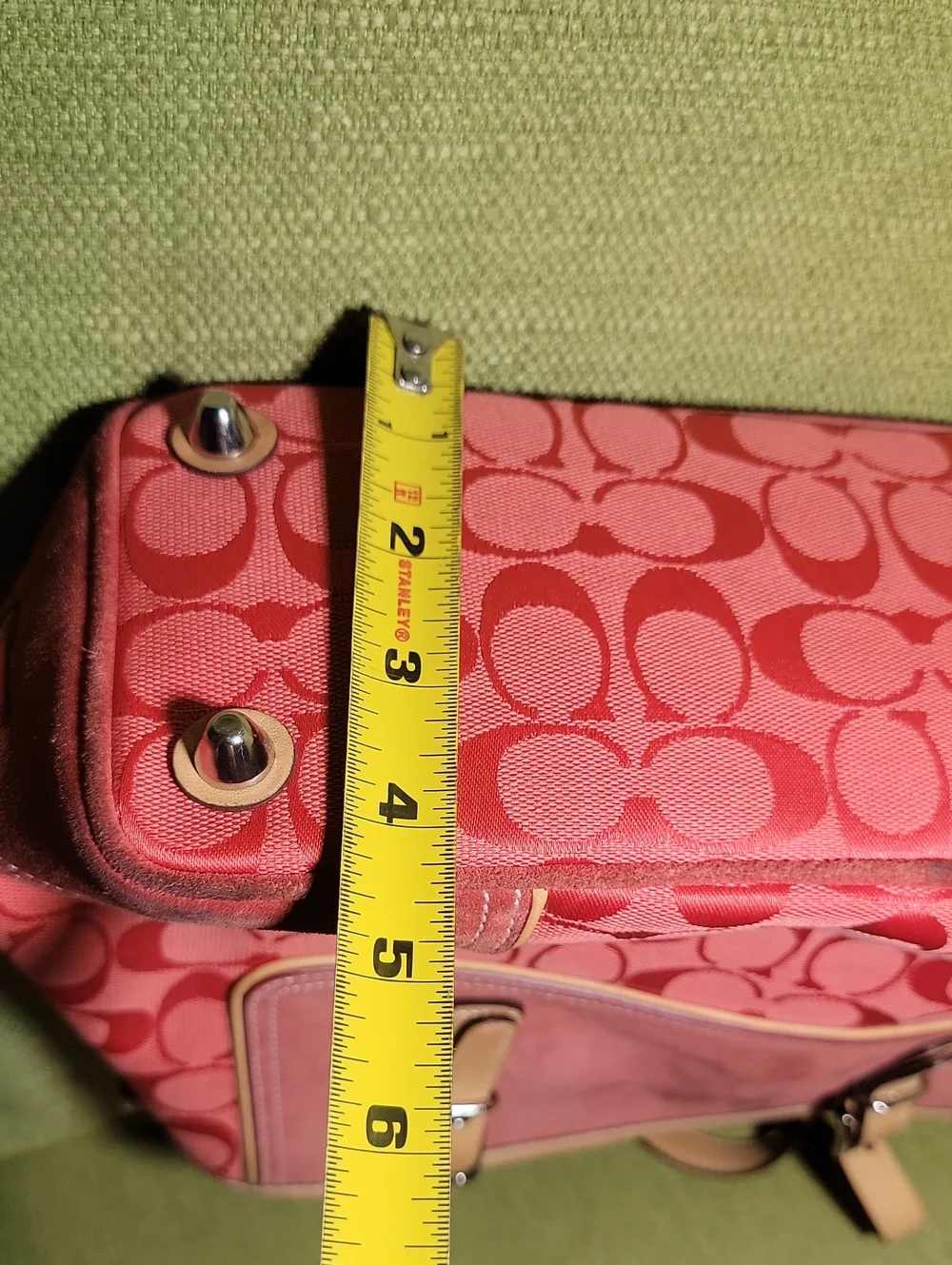Coach Pink Signature Canvas Shoulder Tote with Beige Leather Trim